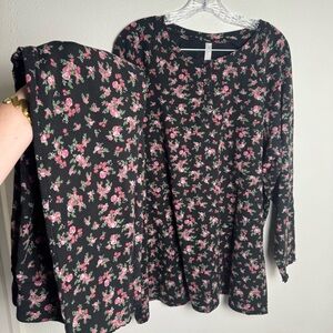 Cacique Sleep‎ Black and Pink Floral Blouse thermal Pajama PJ set
